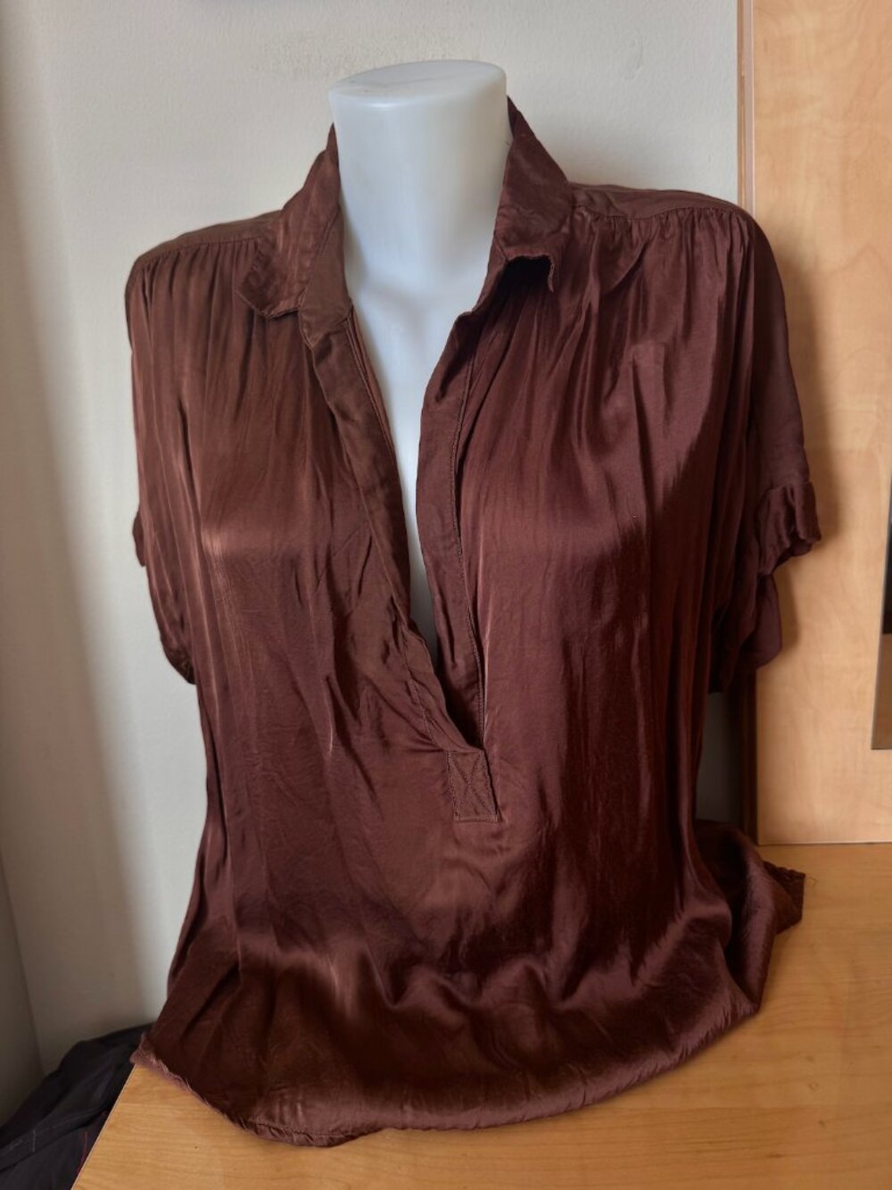 Cali Dreaming Chocolate Brown V-Neck Blouse With Shiny Satin Finish